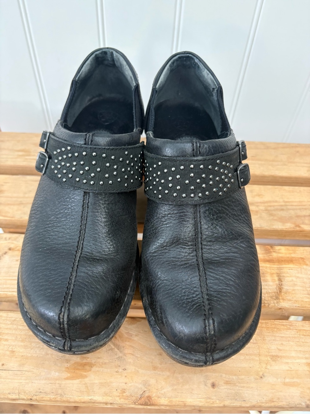 Ariat  Black Leather Slip-On Clogs with Studded Strap